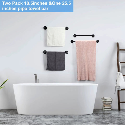 13 Pieces Industrial Pipe Towel Rack Set Matte Black Bathroom Hardware With Towel Bars Towel Ring Hooks And Paper Holder For Wall Mounted Kitchen And Bath All In One Setup showcasing three towels on wall above bathtub.