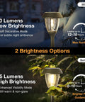 Solar Outdoor Pathway Lights With Two Modes Dope 10 Lumen Low And 25 Lumen High LED IP65 Waterproof Glass And Metal Garden Lamps Six Pack Warm White For Yard Driveway Patio Walkway. Image showing two brightness options for different seasons.