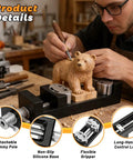 Dual Jaw Mini Vise Clamp With Fractal Jaw holding wooden bear for woodworking, CNC Machined Aerospace Grade Aluminum, in use