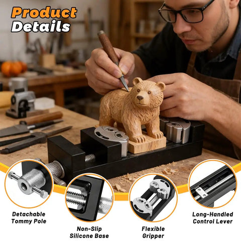 Dual Jaw Mini Vise Clamp With Fractal Jaw holding wooden bear for woodworking, CNC Machined Aerospace Grade Aluminum, in use