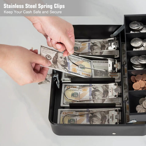 Lockable Cash Box With Money Tray For Cash Register Till, showing stainless steel spring clips securing bills and coins