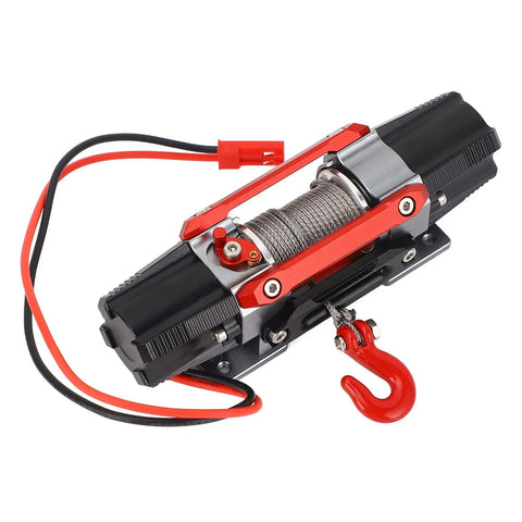 Premium CNC Dual Motor Winch Kit Metal Alloy for 1/10 And 1/8 Scale RC Cars showing detailed design with dual motors and red hook.