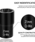 Garage Ready 5 Piece Twist Socket Set With Center Punch Bar For Stubborn Lug Nut Removal Metric 17Mm Through 22Mm showing 21mm Cr-Mo socket with laser etching.