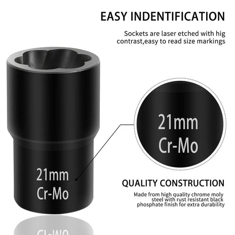 Garage Ready 5 Piece Twist Socket Set With Center Punch Bar For Stubborn Lug Nut Removal Metric 17Mm Through 22Mm showing 21mm Cr-Mo socket with laser etching.