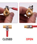 Pro Grade Heavy Duty Brass Ball Valve For Air Compressor Lines 1/4 Inch NPT On Off Shutoff With Red Lever open and closed
