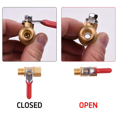 Pro Grade Heavy Duty Brass Ball Valve For Air Compressor Lines 1/4 Inch NPT On Off Shutoff With Red Lever open and closed