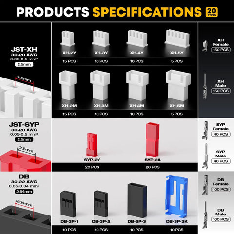 Product specifications showing Crimping Tool And Connector Kit With 20 Types JST XH SYP 2.5mm And 2.54mm Connectors label diagram.