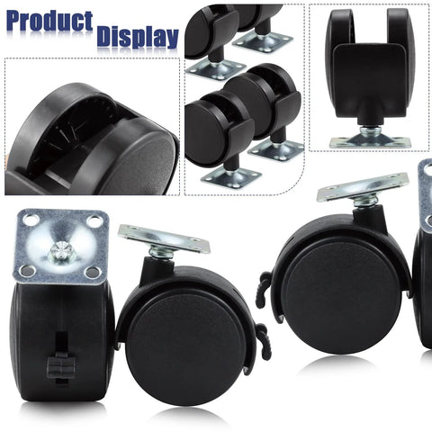 Four Pack 2 Inch Plastic Furniture Casters With Nylon Swivel Plate And Brakes For Shelves Tables File Cabinets Each Caster Supports About 110 Lb Smooth Rolling Swivel Action For Easy Repositioning On Wood Or Tile Surfaces Durable Non Marking Nylon Wheels.