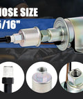 Low Pressure Inline Electric Fuel Pump 12V For Carburetor Universal 5 To 9 PSI E8012S P60430 showing 5/16" hose fittings