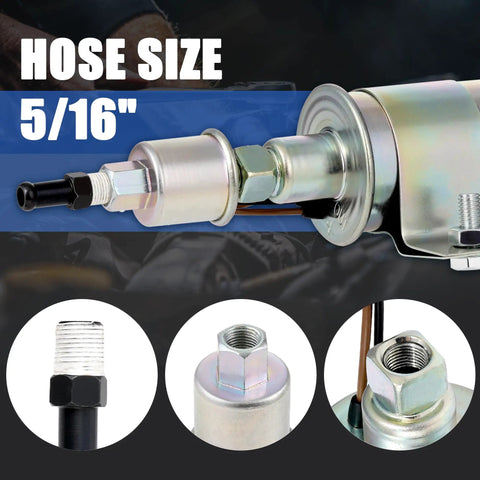 Low Pressure Inline Electric Fuel Pump 12V For Carburetor Universal 5 To 9 PSI E8012S P60430 showing 5/16" hose fittings