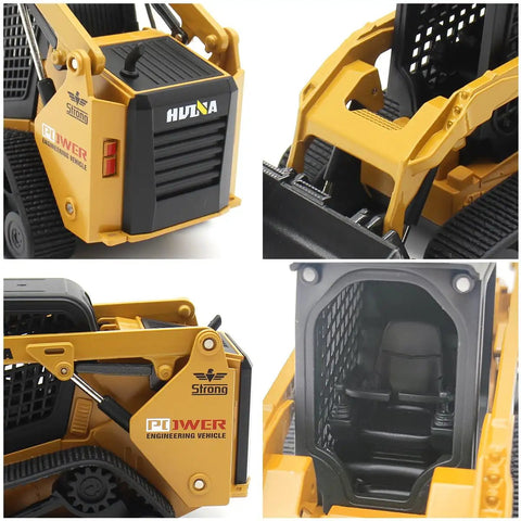 Close-up details of 1:50 Three In One Skid Steer Loader Toy With Metal Loader Forklift And Grabber Arms, durable metal build.