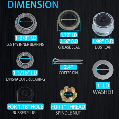 iBroPrat 4-set boat trailer axle bearing kit: inner/outer bearings, grease seal, dust cap, cotter pin, washers, spindle nut