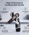 Badass Cordless Belt Sander With Brushless Motor And Rotating Head For Wood Or Sheet Metal Works Comes With Ten Spare Sanding Belts. Compact design with tool-free belt replacement for efficient polishing.
