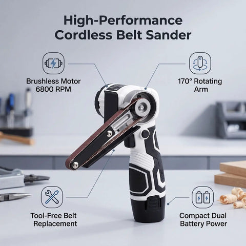 Badass Cordless Belt Sander With Brushless Motor And Rotating Head For Wood Or Sheet Metal Works Comes With Ten Spare Sanding Belts. Compact design with tool-free belt replacement for efficient polishing.