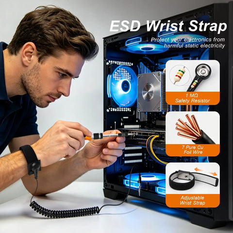 145 In 1 Precision Screwdriver Set With 120 Bits For Electronics Repair Pro Grade Kit For Laptop iPhone PC MacBook Nintendo Xbox PS5 With Anti Static Wrist Strap And All The Right Bits Great Gift For Men, man repairing PC with ESD wrist strap