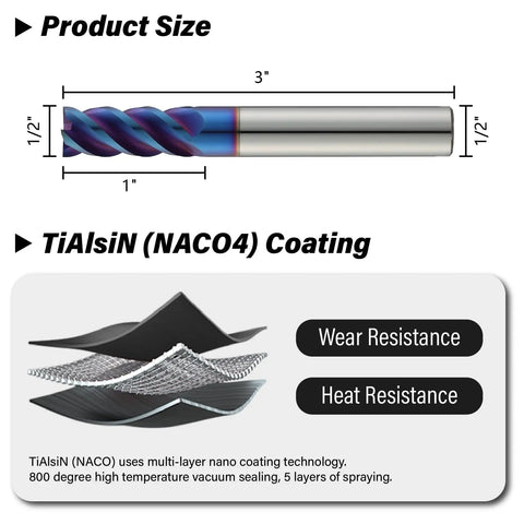 Diagram of Half Inch Nano Coated Tungsten Carbide End Mill 4 Flute Micro Grain CNC Milling Cutter for size and coating details.