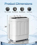 No Sweat Compact 13 Pound Twin Tub Washing Machine Portable Washer And Spin Cycle Combo shown with product dimensions and features.