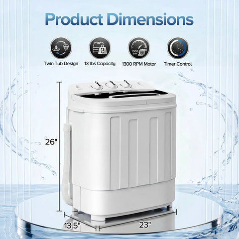 No Sweat Compact 13 Pound Twin Tub Washing Machine Portable Washer And Spin Cycle Combo shown with product dimensions and features.