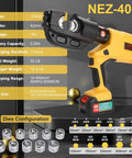 Heavy Duty 12 Ton Electric Hydraulic Cable Crimping Machine With Digital Readout And Eleven Premium Dies with yellow body and dual battery.