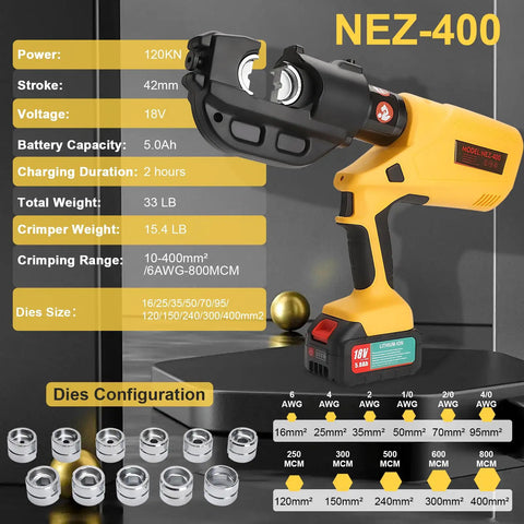 Heavy Duty 12 Ton Electric Hydraulic Cable Crimping Machine With Digital Readout And Eleven Premium Dies with yellow body and dual battery.