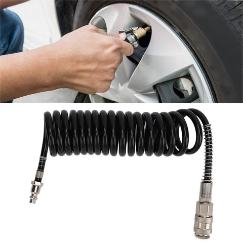 Heavy Gauge Three Meter Air Hose Built Like A Badass With Kink Resistant Flex Oil Resistant Rubber And Steel Made To Handle Air Compressor Jobs Without Breaking A Sweat, used for inflating tires.