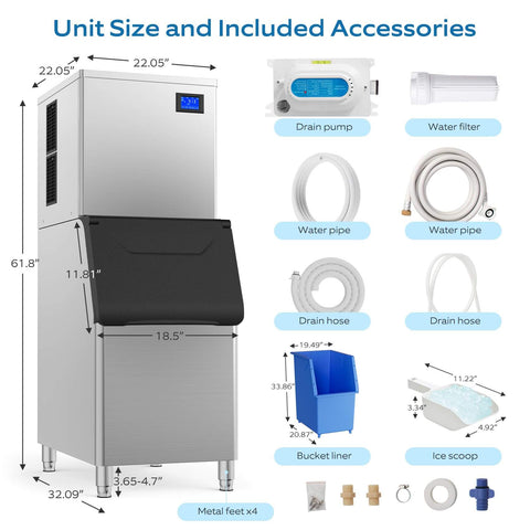 Commercial Ice Maker Machine For Restaurants And Bars Big Industrial Freestanding Stainless Steel Ice Machine with accessories.