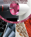 Close-up of 9-Piece PVC Pipe Reamer Kit with Fitting Saver on drill adapting for various pipe materials including PVC and ABS