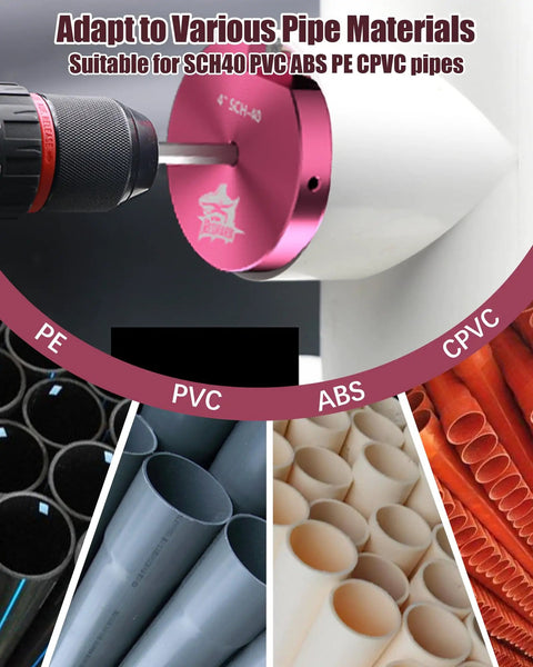 Close-up of 9-Piece PVC Pipe Reamer Kit with Fitting Saver on drill adapting for various pipe materials including PVC and ABS