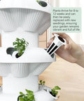 Vertical Hydroponics Garden Tower Kit with six levels and 36 pods in use; hand holding a plant pod on the tower.