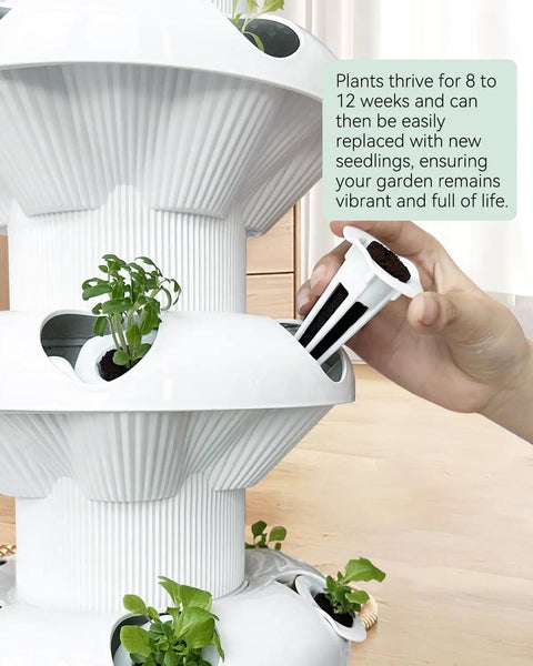 Vertical Hydroponics Garden Tower Kit with six levels and 36 pods in use; hand holding a plant pod on the tower.