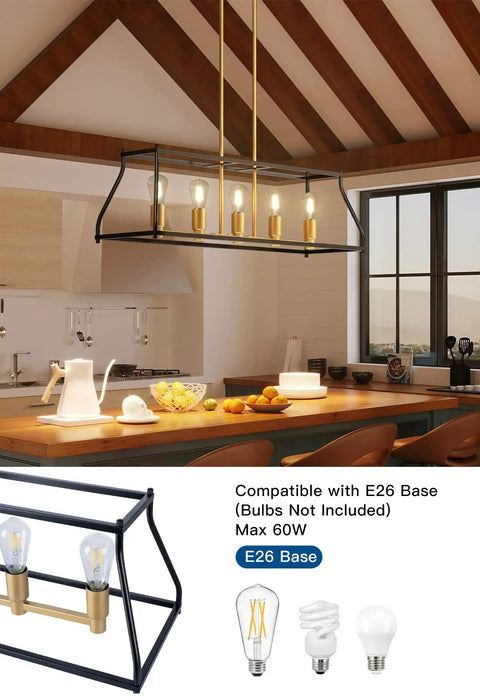 Industrial 5-Light Linear Pendant Light For Kitchen Island And Farmhouse Dining Room, Black Metal Fixture With Adjustable Heads