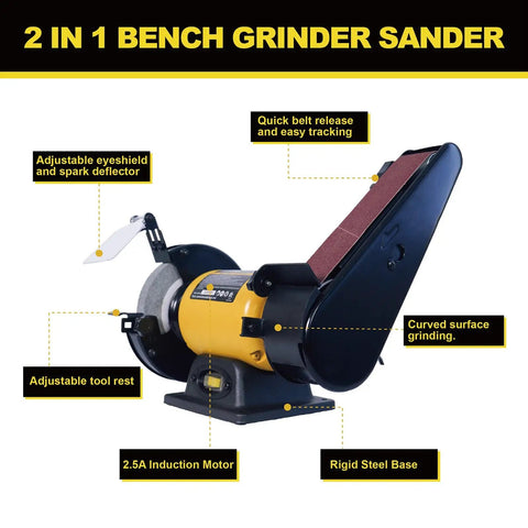 High Speed Bench Grinder And Belt Sander Combo With Two Point Five Amp Motor 6 Inch Grinder And Two 27 Inch Belts in yellow