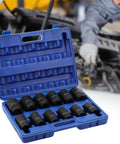 Sick 12 Piece 3/4 Inch Hex Impact Socket Kit, 3 Inches Long Rugged Design With Rust Proof Coating For Heavy Torque Jobs Plus Storage Case, Perfect For Tough Garage Work, blue case open with black sockets