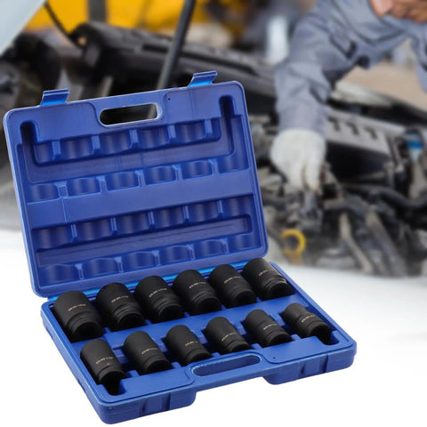 Sick 12 Piece 3/4 Inch Hex Impact Socket Kit, 3 Inches Long Rugged Design With Rust Proof Coating For Heavy Torque Jobs Plus Storage Case, Perfect For Tough Garage Work, blue case open with black sockets