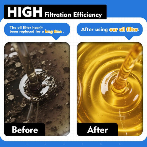 Before and after comparison of engine oil filtration showing BMW Oil Filter Replacement HU816X 4 Pack effectiveness.