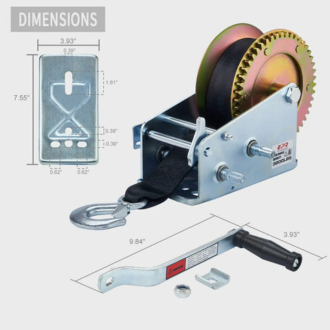 Heavy Duty 3200lbs Boat Winch Hand Crank With 32Ft Strap Two Speed Switchable Trailer Winch with dimensions diagram