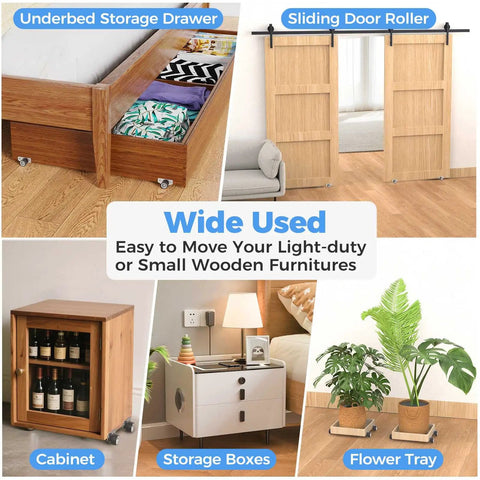 Mini Side Mount Casters Low Profile Rubber Wheels Rigid Non Swivel Rollers For Sliding Doors Deep Drawers Furniture Cabinets shown on various furniture.
