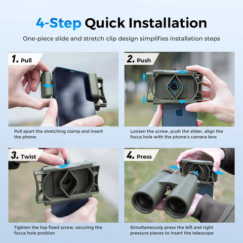 360 Degree Rotatable Telescope Phone Adapter installation steps for Android and iPhone on a telescope with Bluetooth shutter.