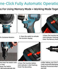 Total Badass Cordless Automatic Rivet Nut Gun With Brushless Motor showing operation steps and buttons for M3 to M12 sizes.
