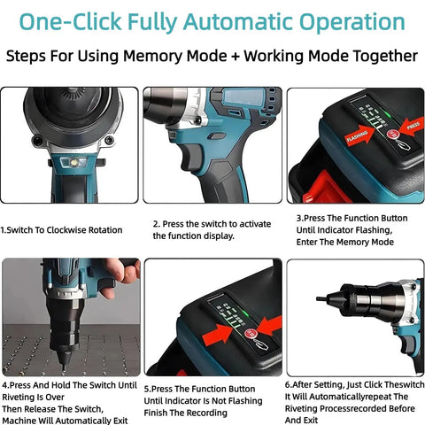 Total Badass Cordless Automatic Rivet Nut Gun With Brushless Motor showing operation steps and buttons for M3 to M12 sizes.
