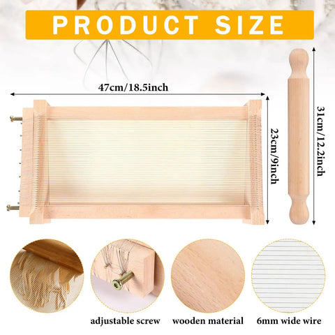 Chitarra Cutter Pasta Maker With Rolling Pin Guitar Board For Spaghetti And Lasagna Italian Style Pasta Machine Wood Color Finish Pro Grade Durable Wood Construction For Home Kitchen Easy To Use, showing dimensions and features.