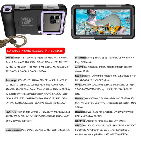 Underwater Phone Case For Snorkeling And Diving 50 Feet Waterproof Protector For iPhone and Galaxy, shown with model swimming