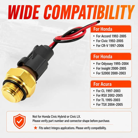 Radiator Coolant Fan Switch Replacement With Connector Pigtail Harness Water Temperature Sensor Switch For Honda Accord Civic CR V Odyssey And Acura Integra RSX TL CL Plug And Play Drop In Ready brass threaded switch with wires