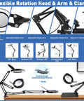 Close-up of 15X Magnifying Glass Lamp with adjustable arms and clamp base for flexible desk setup