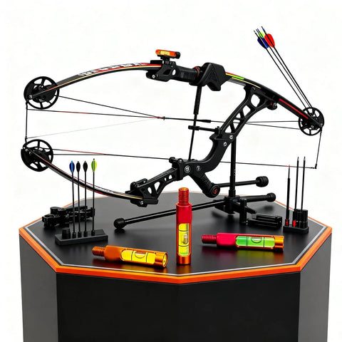 Two Pack Bow Leveling Kit For Compound Bow Direct Mount Alignment Tools setup with arrows on hexagonal stand