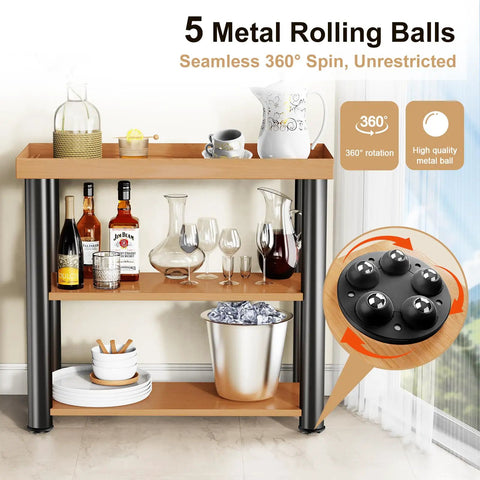 Wooden bar cart with drinks and dishes on two shelves, featuring a close-up of metal rolling ball casters for 360-degree swivel.