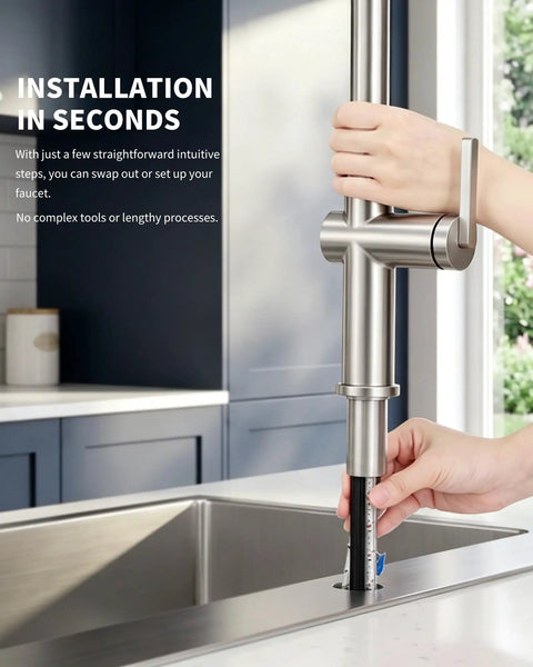 Tohlar Brushed Nickel Kitchen Faucet with Pull Down Sprayer installation process demonstrating easy setup in a modern kitchen.