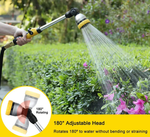 16 Inch Garden Watering Wand With 180 Degree Rotating Head And Thumb Control Shut Off Valve Eight Pattern Heavy Duty Hose Nozzle In Yellow spraying flowers