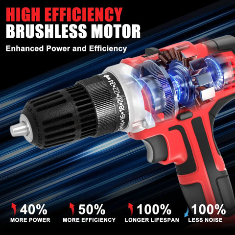 Close-up of a cordless drill set with battery and charger, 21V power drill, 2-speed variable torque, highlighting brushless motor.