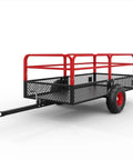 Tow Behind Dump Cart For ATV And UTV, Heavy Duty Steel Utility Trailer With 1600 Lb Capacity and removable sides, black and red